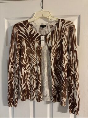 Talbots Brown and White Abstract Print Cardigan